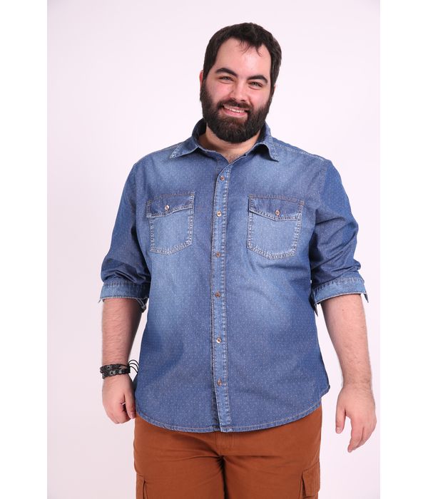 camisa jeans masculina manga longa plus size