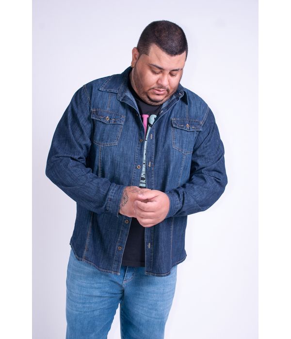 camisa jeans masculina manga longa plus size